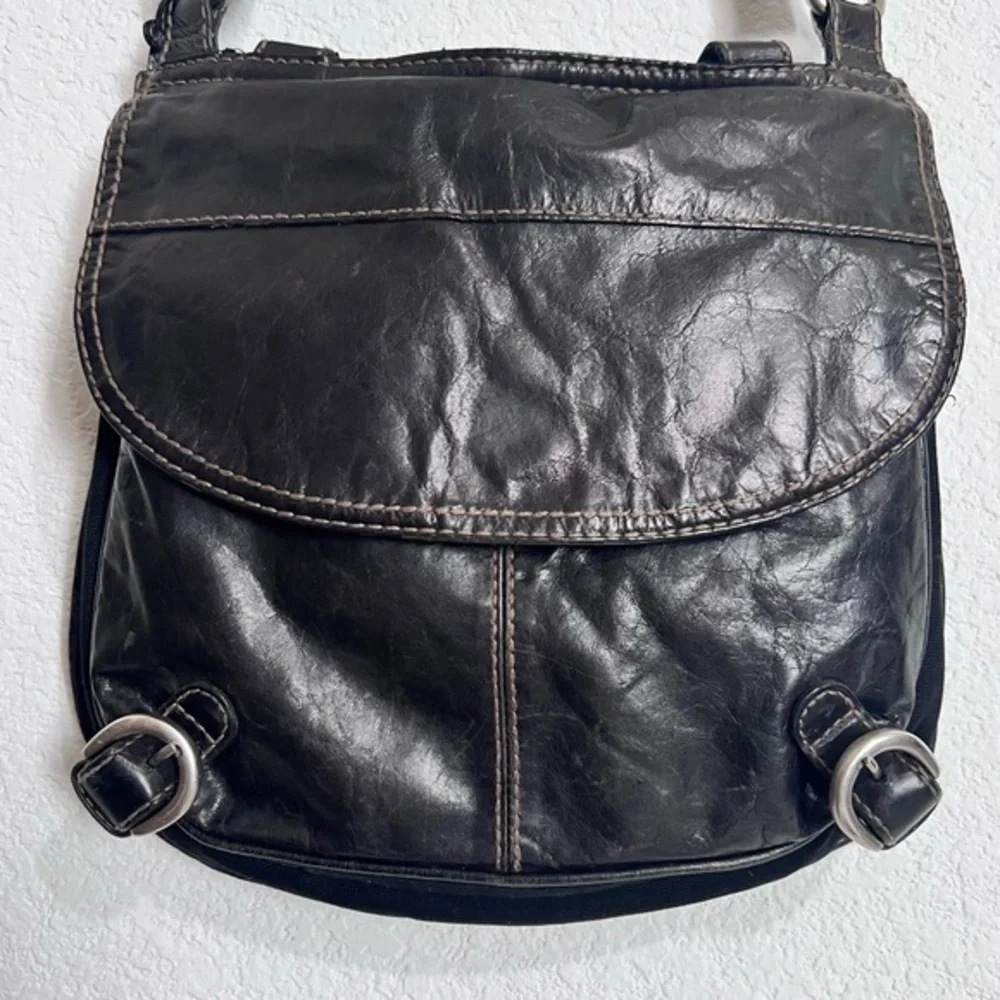 Fossil Black Leather & Canvas Messenger Crossbody Bag Purse Unisex